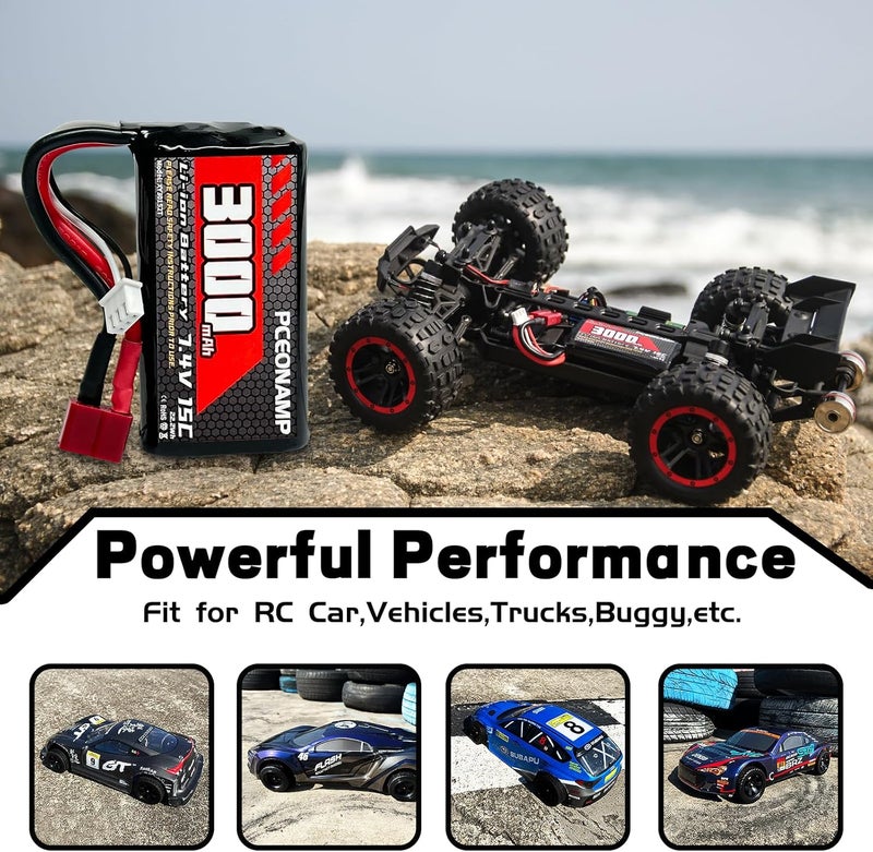 PCEONAMP 7.4V Li-ion Battery 3000mAh 2S with T Plug Rechargeable RC Battery Fit for 4WD High Speed RC Cars and Most 1/10, 1/12, 1/16 Scale RC Cars Trucks with 2 USB Chargers - Image 5